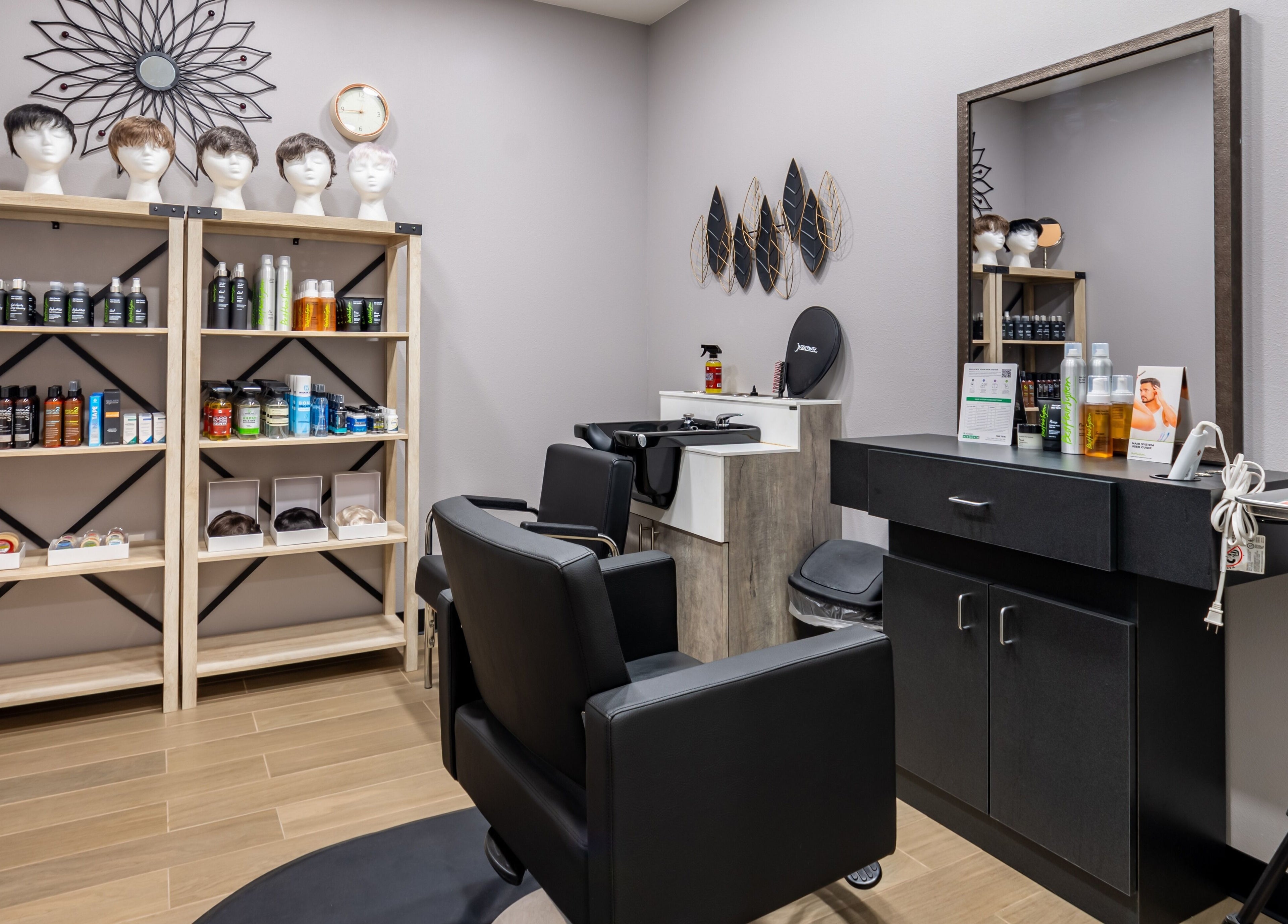 Modern hair styling station at Best Hair System in Rancho Cucamonga, California, US featuring products and tools.