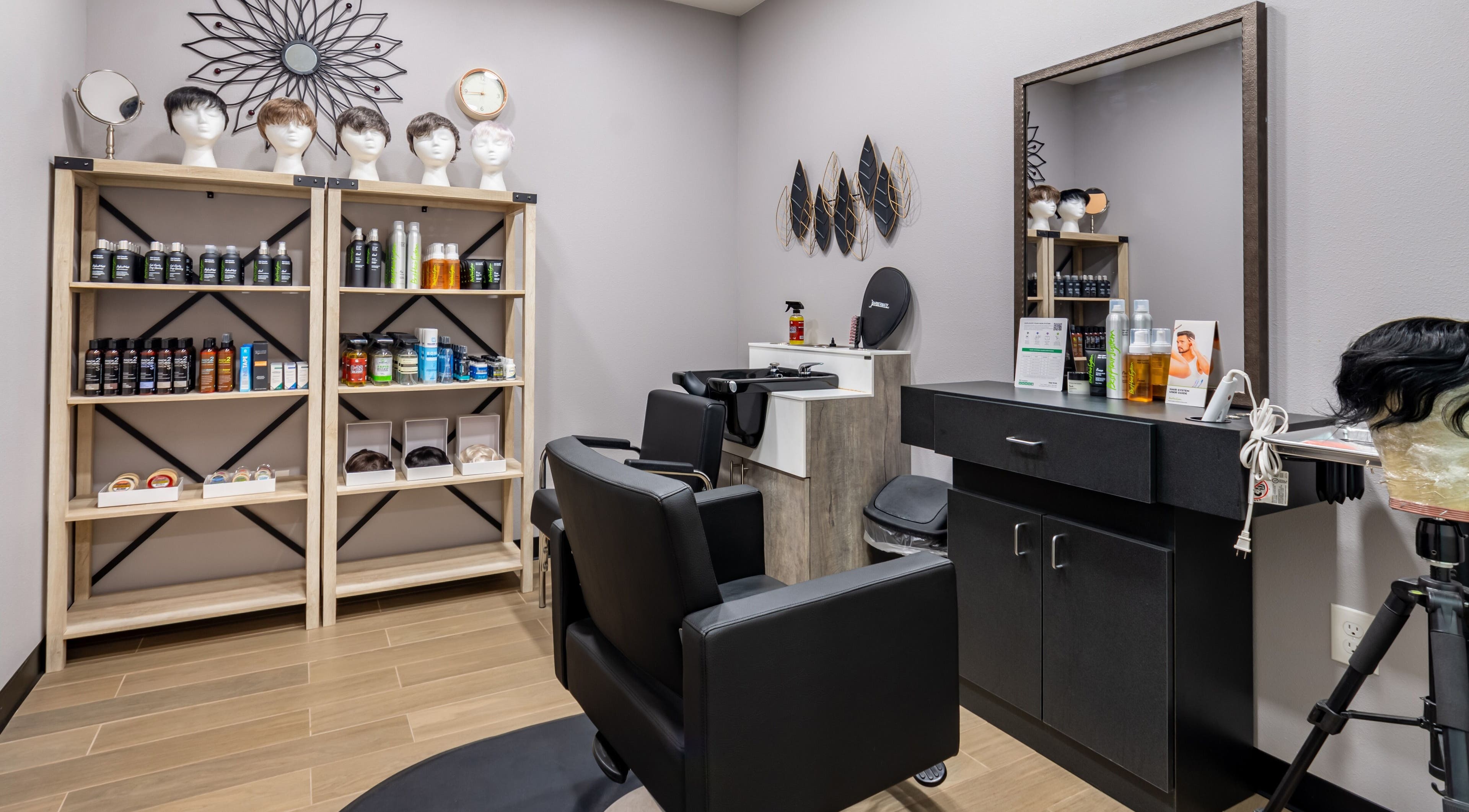 Modern hair styling station at Best Hair System in Rancho Cucamonga, California, US featuring products and tools.