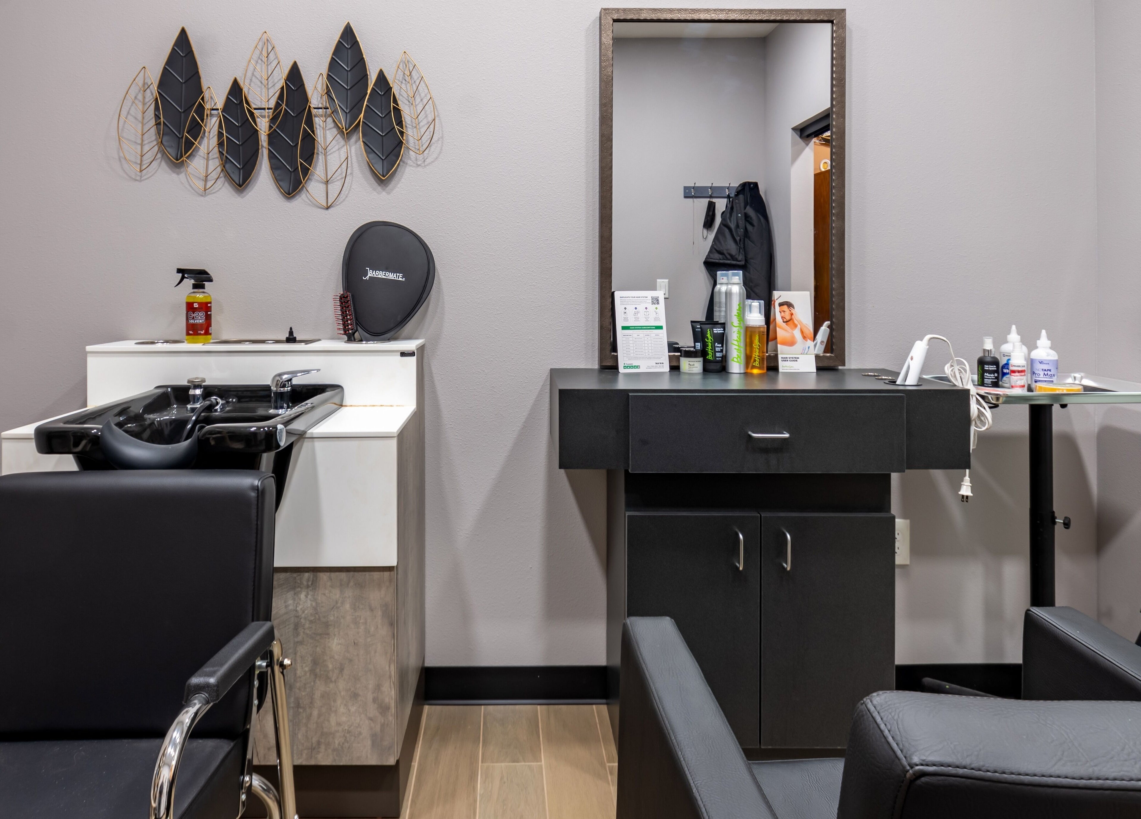 Modern styling station at Best Hair System, Rancho Cucamonga, California, US, featuring chic decor.