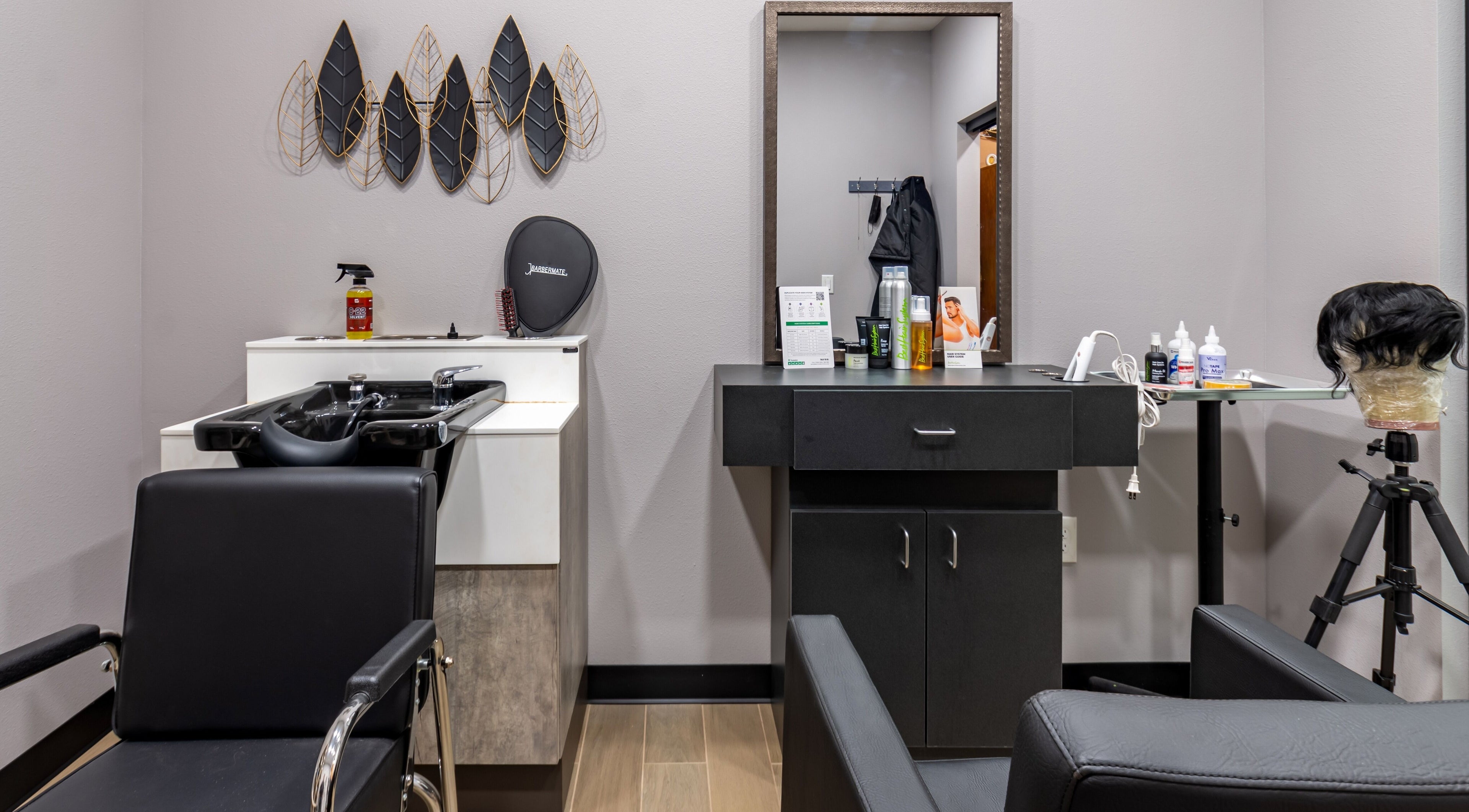Modern styling station at Best Hair System, Rancho Cucamonga, California, US, featuring chic decor.