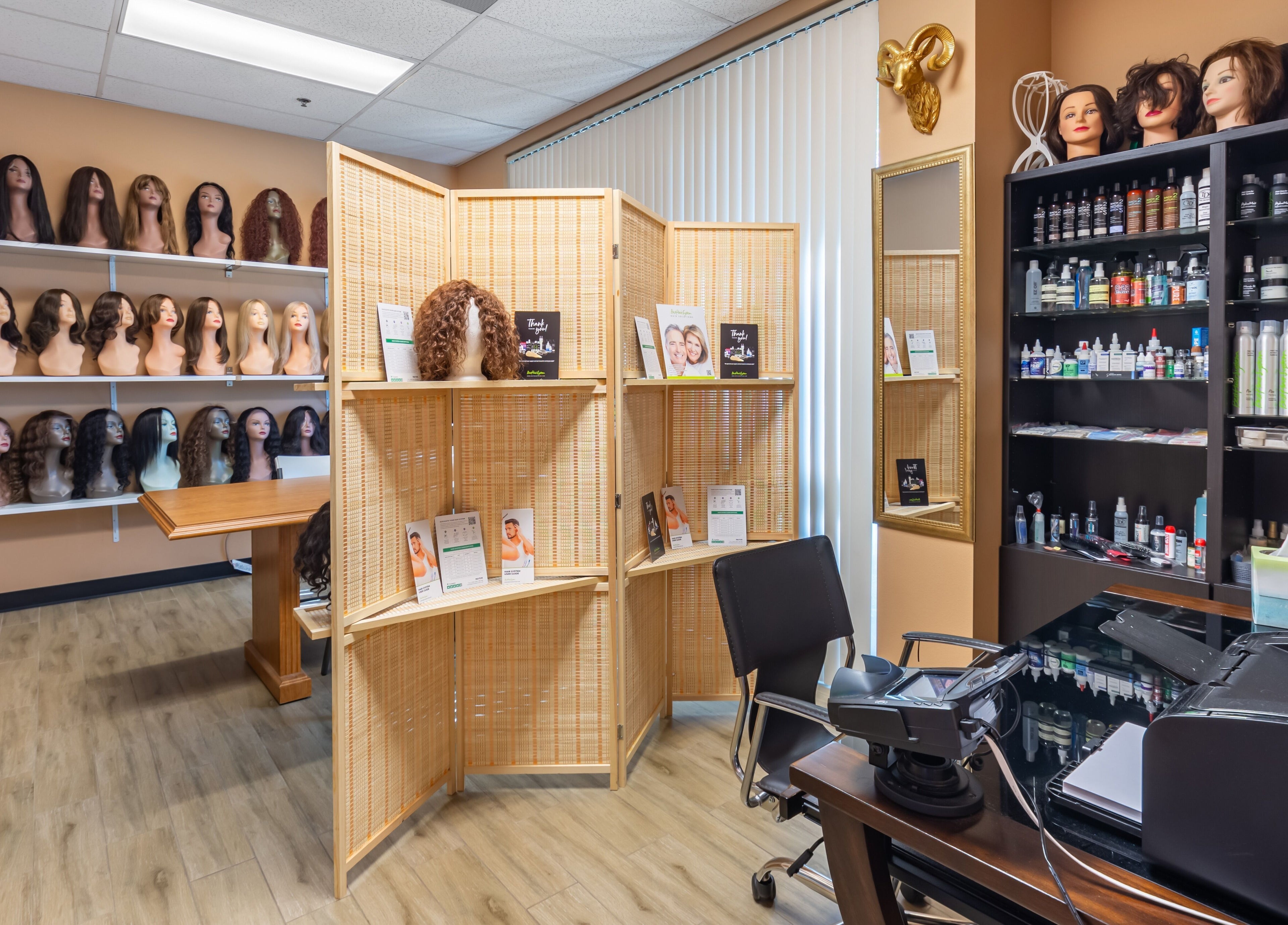 Wig display and styling products at Best Hair System in Rancho Cucamonga, California, US.