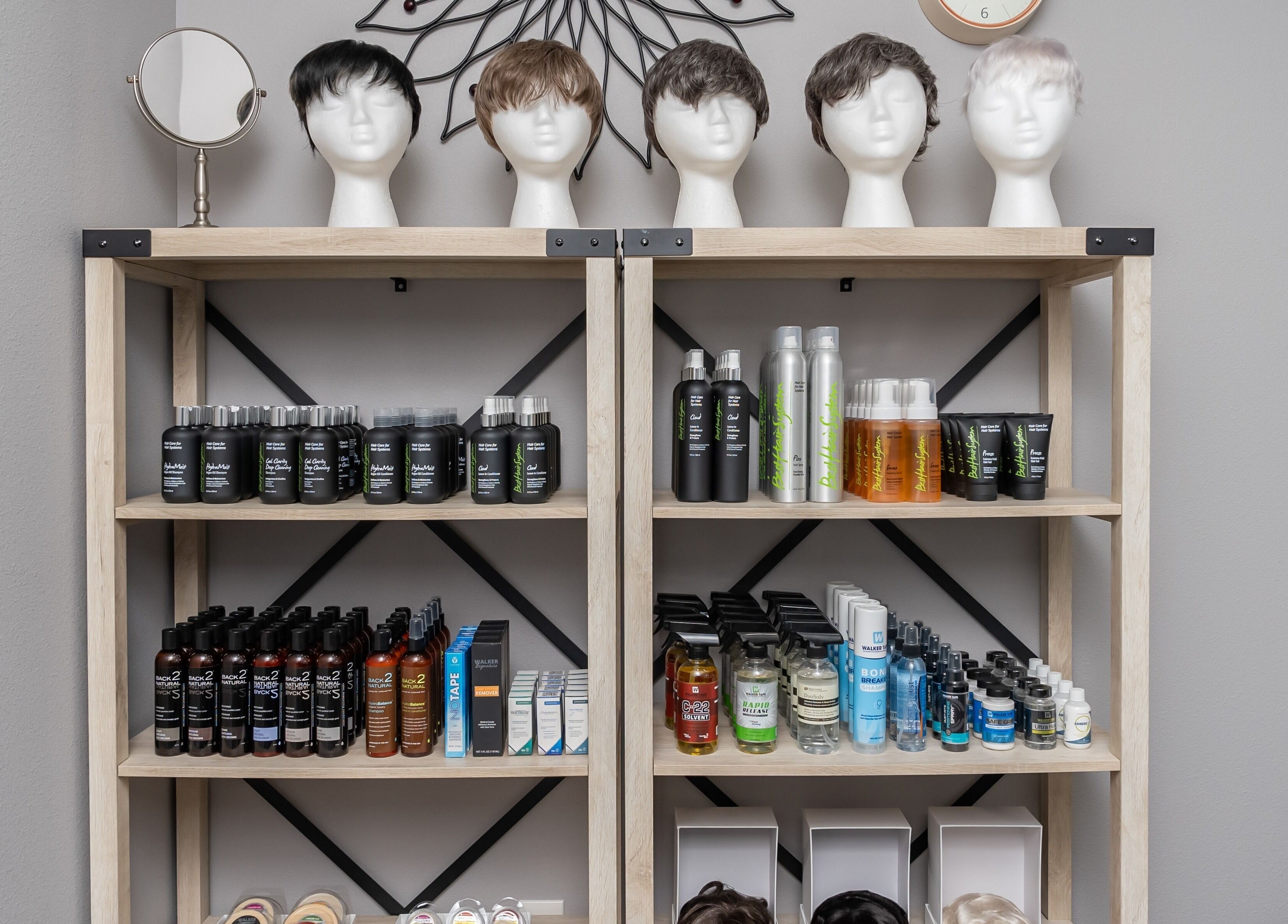 Wig and haircare display at Best Hair System, Rancho Cucamonga, California, US.