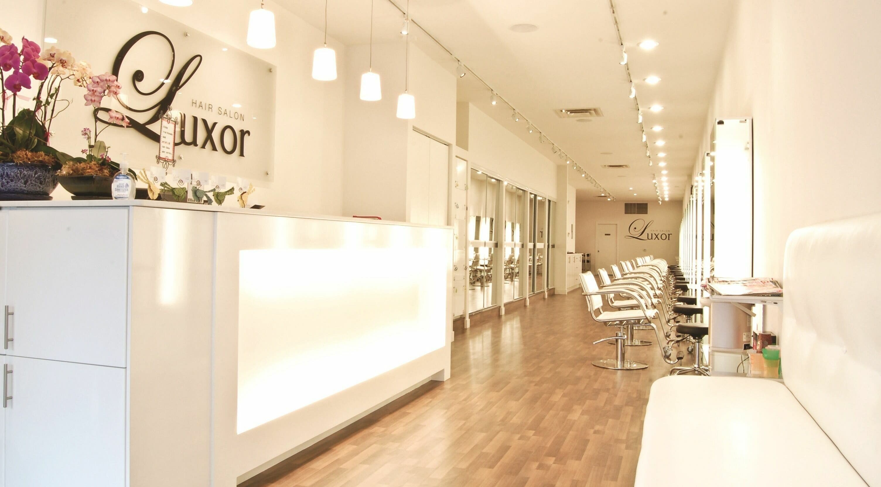 Luxor Hair Salon Ltd interior in Vancouver, British Columbia, CA, showcasing chic white design and welcoming vibe.