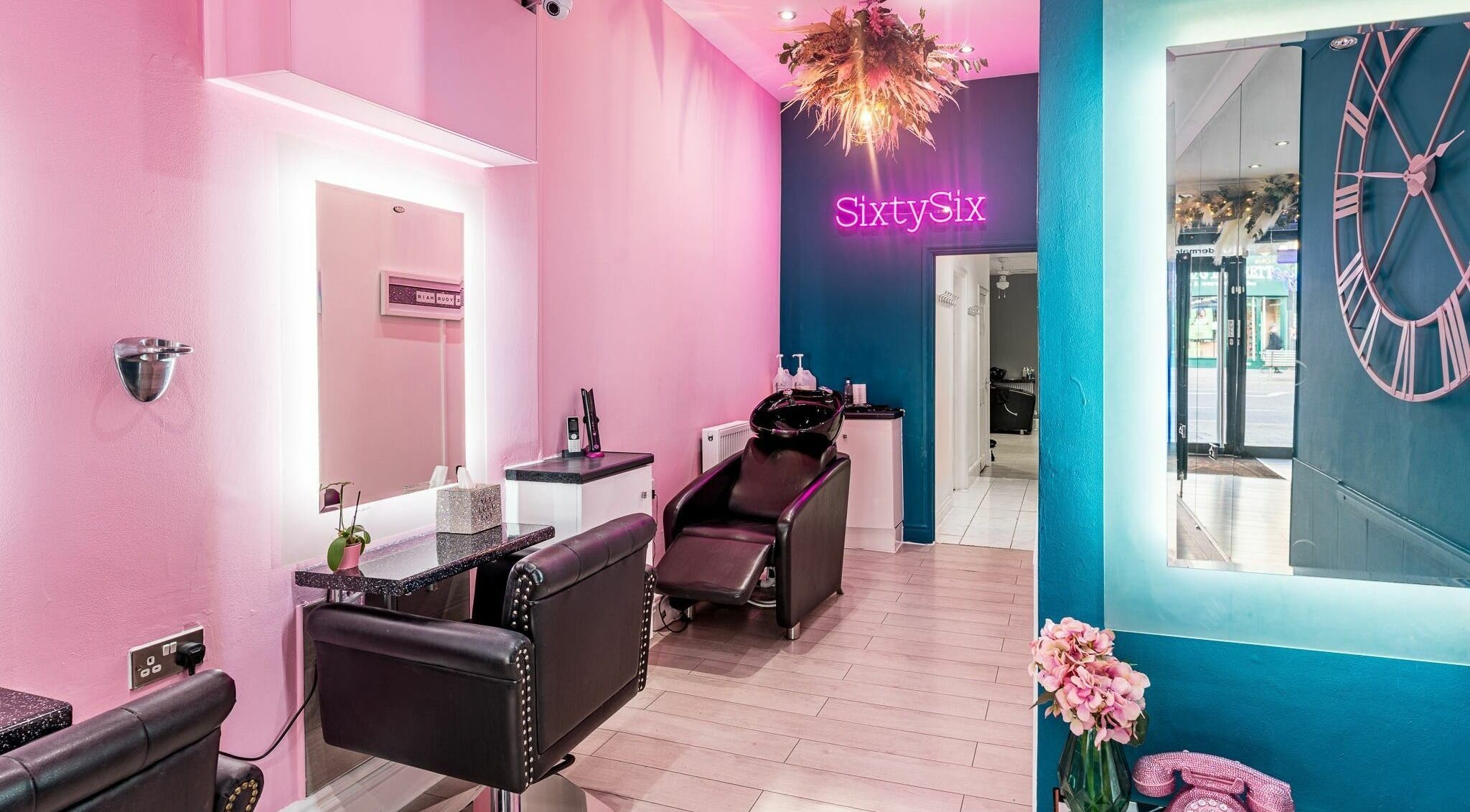 Elegant interior of SixtySix beauty salon in Ilford, England, GB, featuring chic decor and modern furnishings.