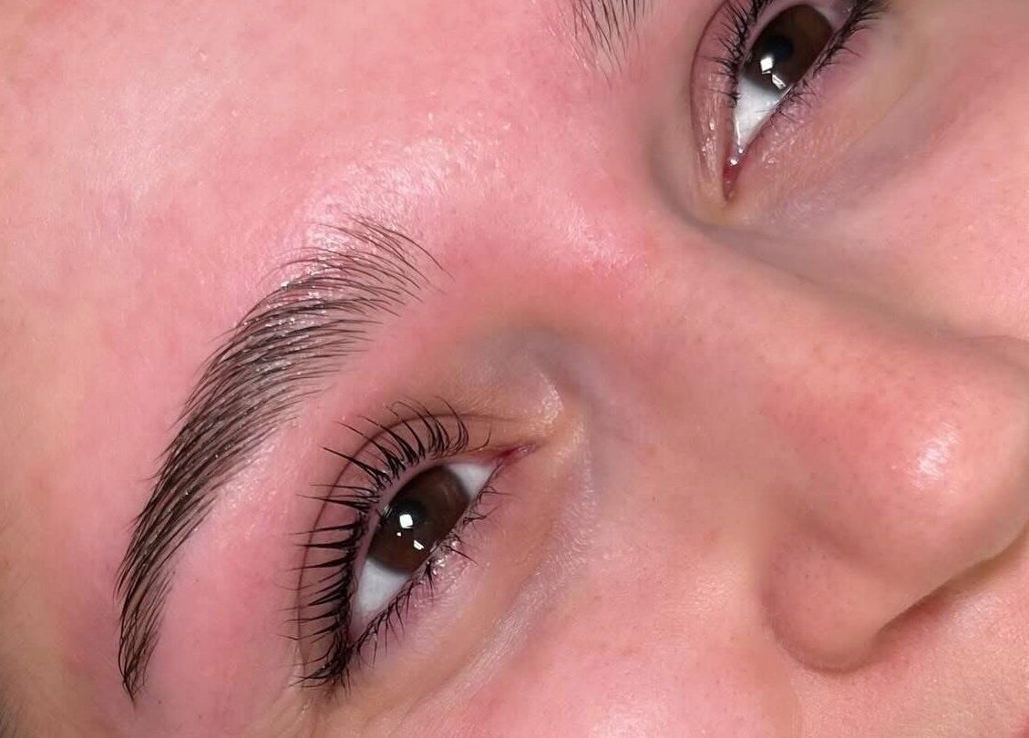 Close-up of a client's well-groomed eyebrows at Barefaced Artistry, Hilton, England, GB.