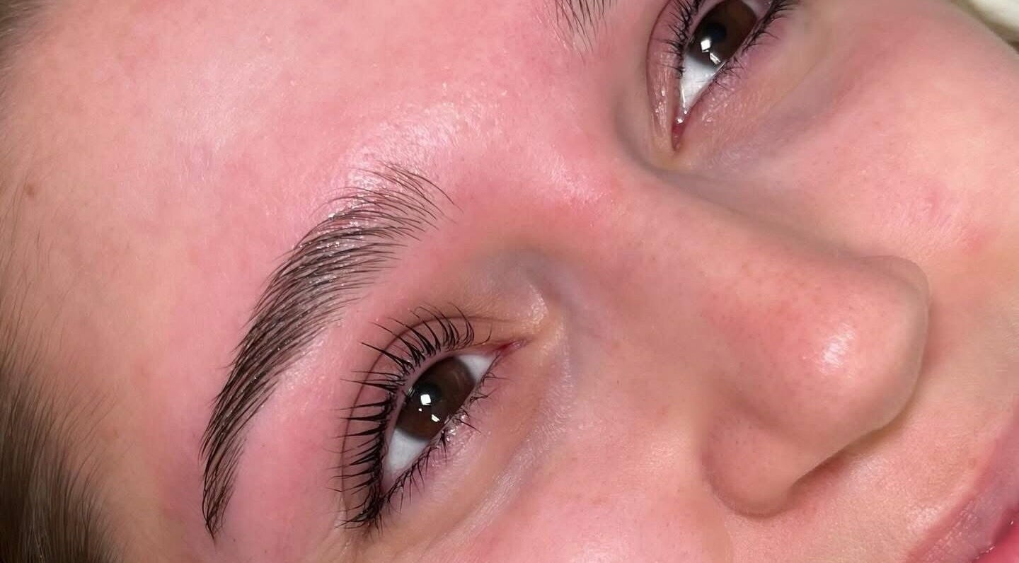 Close-up of a client's well-groomed eyebrows at Barefaced Artistry, Hilton, England, GB.