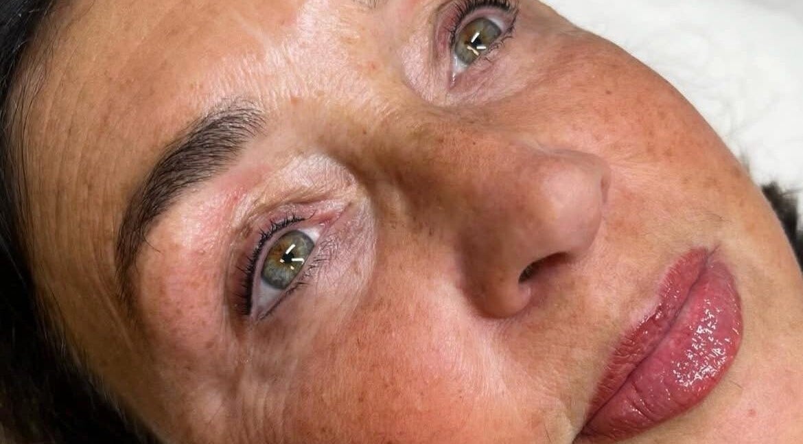 Close-up of radiant skin after treatment at Barefaced Artistry, Hilton, England, GB.