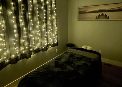 Calming massage room at Powell- I Got Your Back Massage Therapy, LLC, in Powell, Wyoming, US with soft ambient lighting.