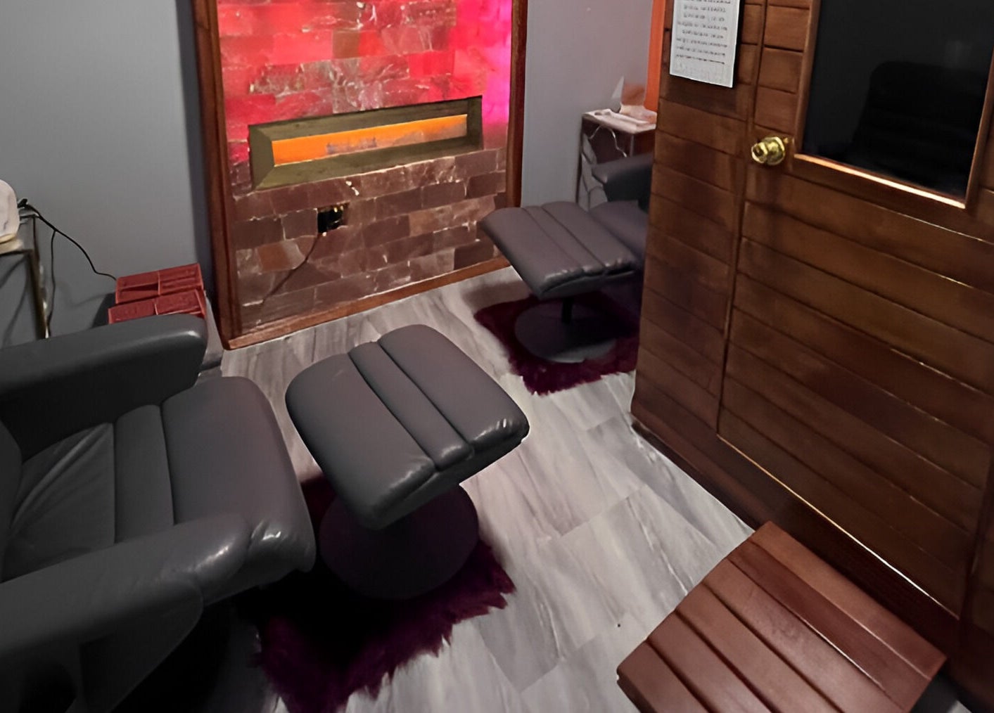 Relaxing corner at Flawless Spa Retreat of Distinction featuring plush chairs in Live Oak, Texas, US.