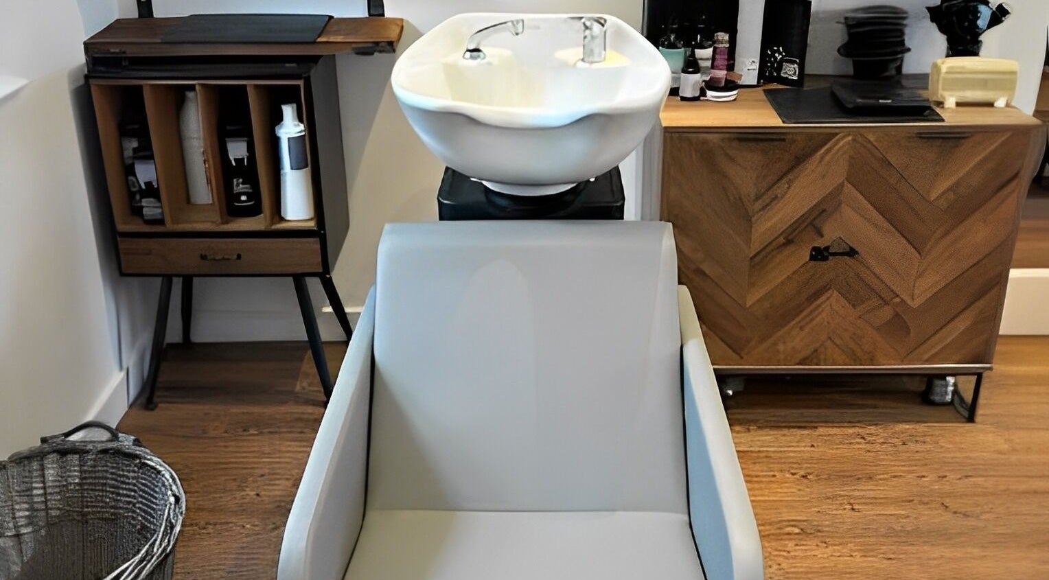 Modern wash station at Dawn Furness at Okra Salon, Bedlington, England, GB, featuring sleek design and chic decor.