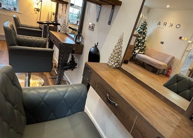 Elegant styling station at Dawn Furness at Okra Salon, Bedlington, England, GB, showcasing festive decor.