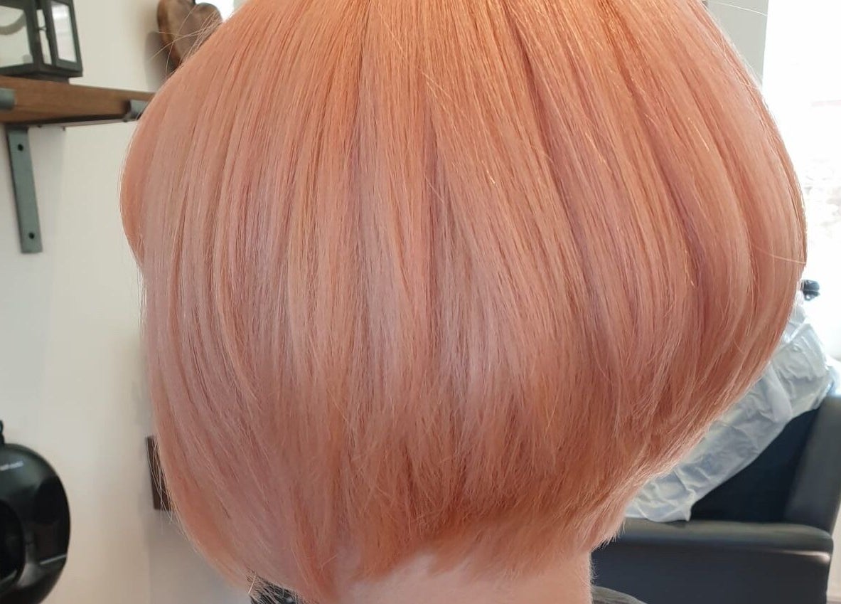 Stylish rose bob haircut by Dawn Furness at Okra Salon, Bedlington, England, GB.