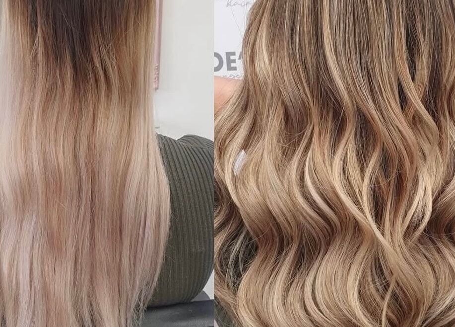 Before and after hair transformation at Chloe Jade Hair in Rogerstone, Newport, GB, showcasing blonde waves.