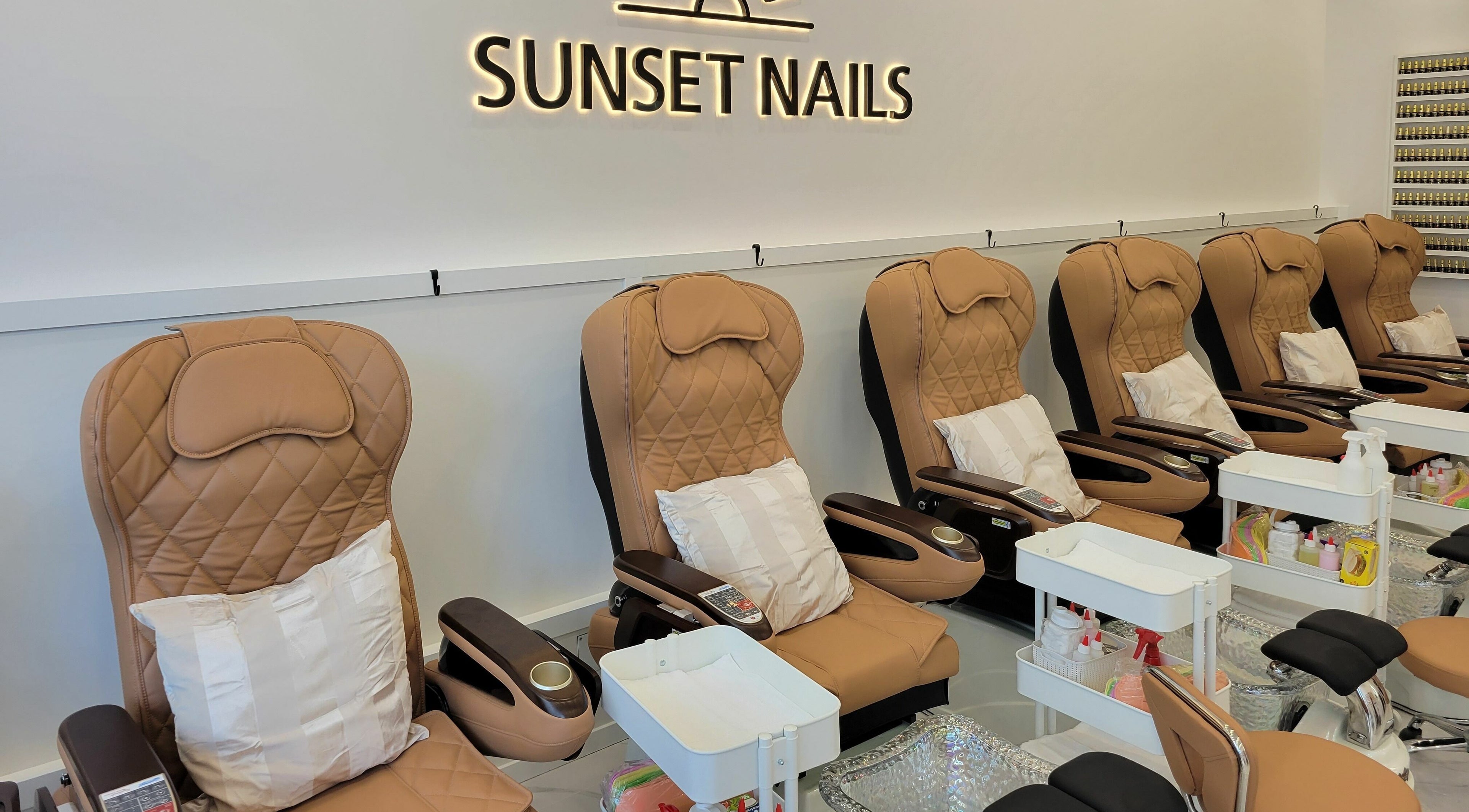 Luxurious pedicure chairs at Sunset Nails, Vancouver, British Columbia, CA offer comfort and style.