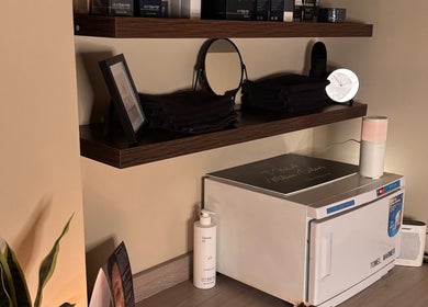 Modern skincare station with products and decor at SOMA Skin Clinic, Kidderminster, England, GB.