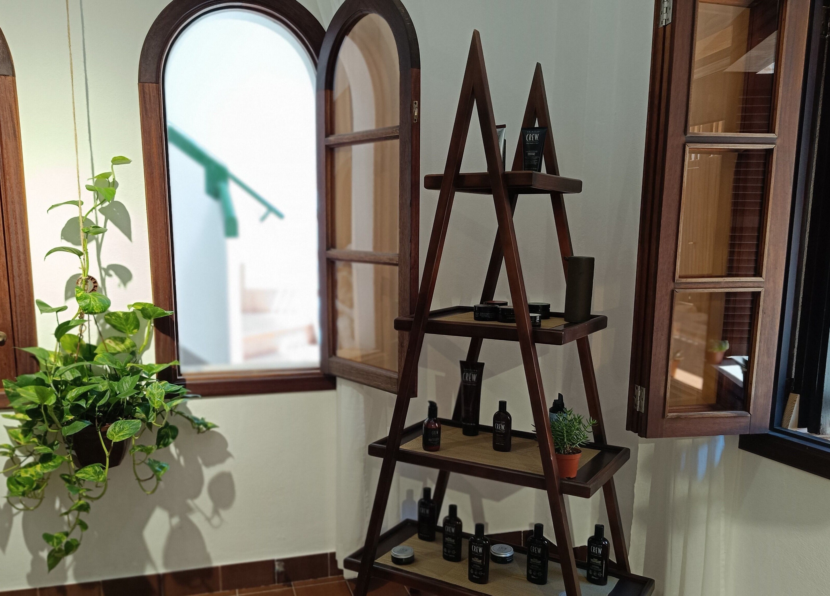 Elegant wooden shelving with plants at Barberia Santanyi Man Escape, Santanyí, Illes Balears, ES.