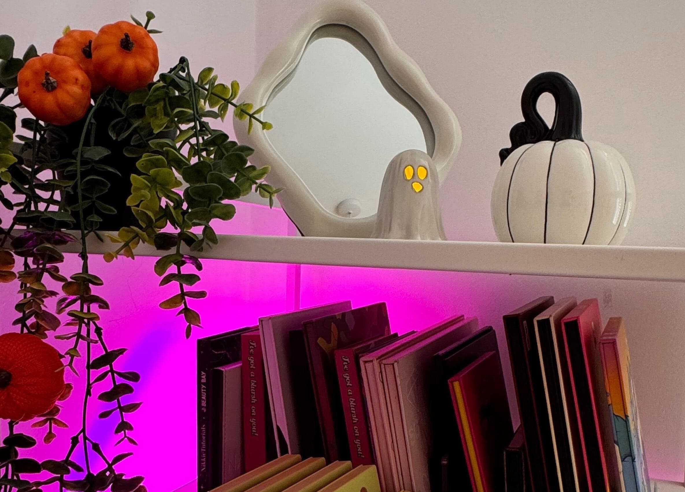 Decorative shelf at Hmake, Stockport, England featuring plants, books, and seasonal ornaments in soft lighting.