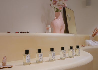 Perfume bottles and decor at Amme, Central, Hong Kong Island, HK, enhancing the calming ambiance.