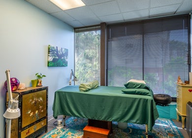 Relaxing therapy room at San Diego Reiki (Mission Valley) with massage table, San Diego, CA, US.