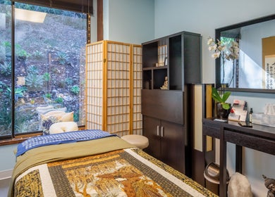 Calming therapy room at San Diego Reiki (Mission Valley), San Diego, CA, US with serene decor and garden view.
