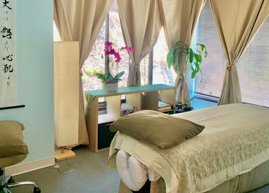 Relaxing massage room at San Diego Reiki (Mission Valley), San Diego, CA, US with serene decor and plants.