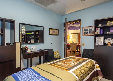 Calming therapy room at San Diego Reiki (Mission Valley), featuring serene decor in San Diego, CA, US.