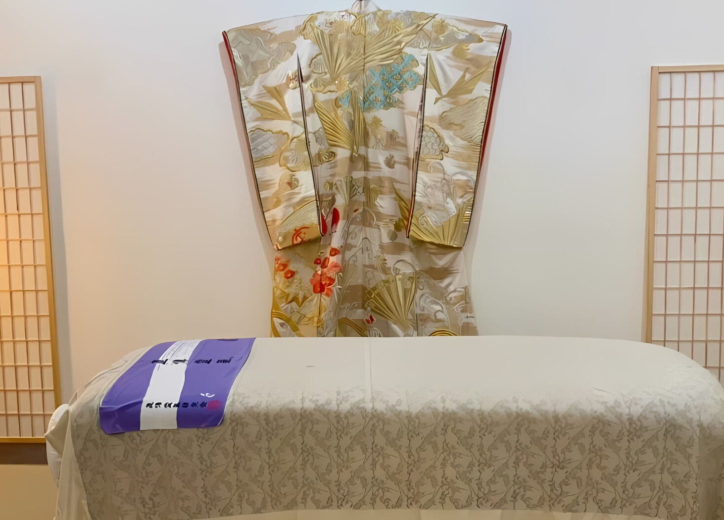 Tranquil interior of San Diego Reiki (Carlsbad) with kimono decor in Carlsbad, California, US.
