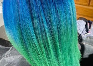Vibrant blue and green hair at Jax Organic Hair & Makeup, Parmelia, Western Australia, AU.