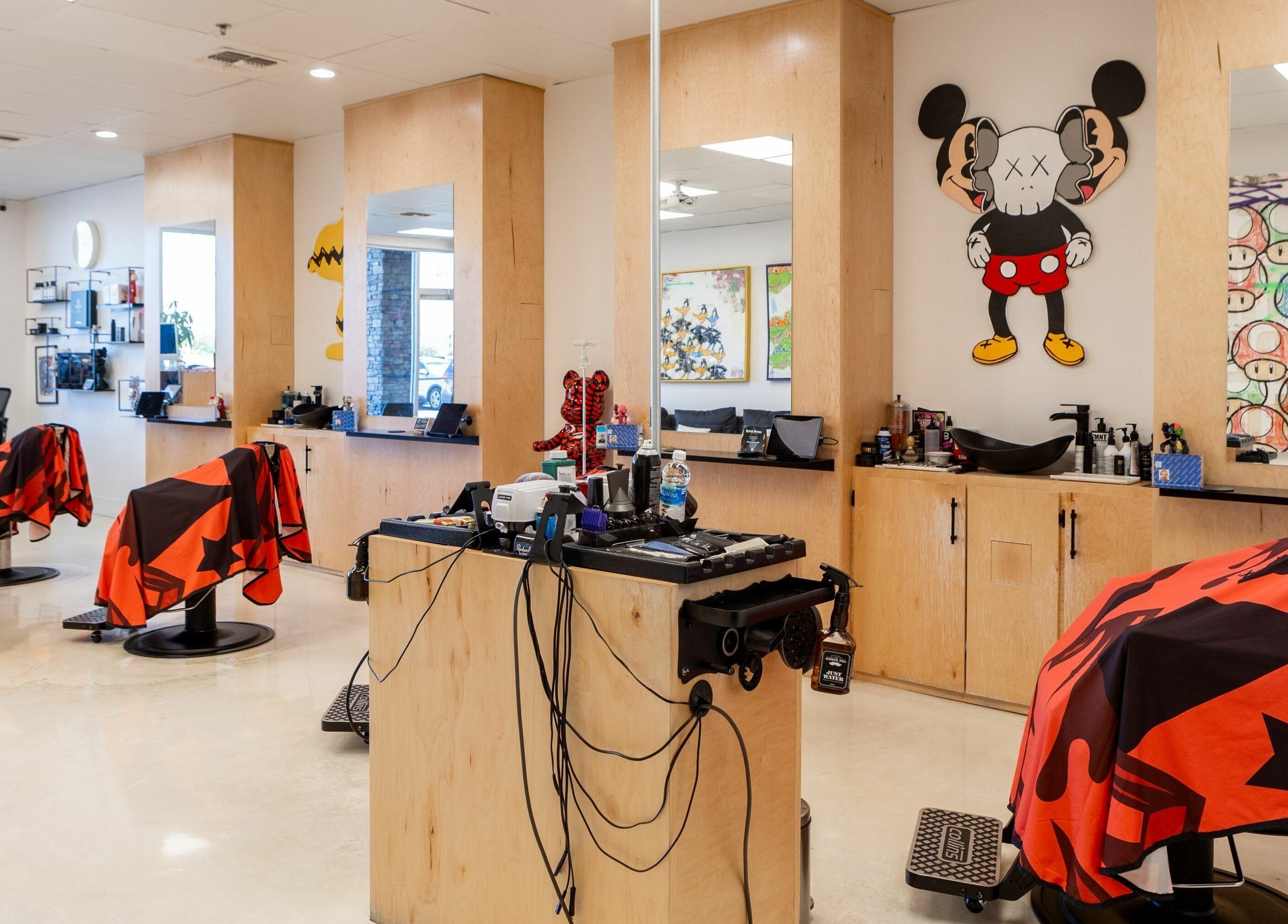 Modern salon with artistic decor at Lxve Studios, Las Vegas, Nevada, US. Bright space with unique wall art.