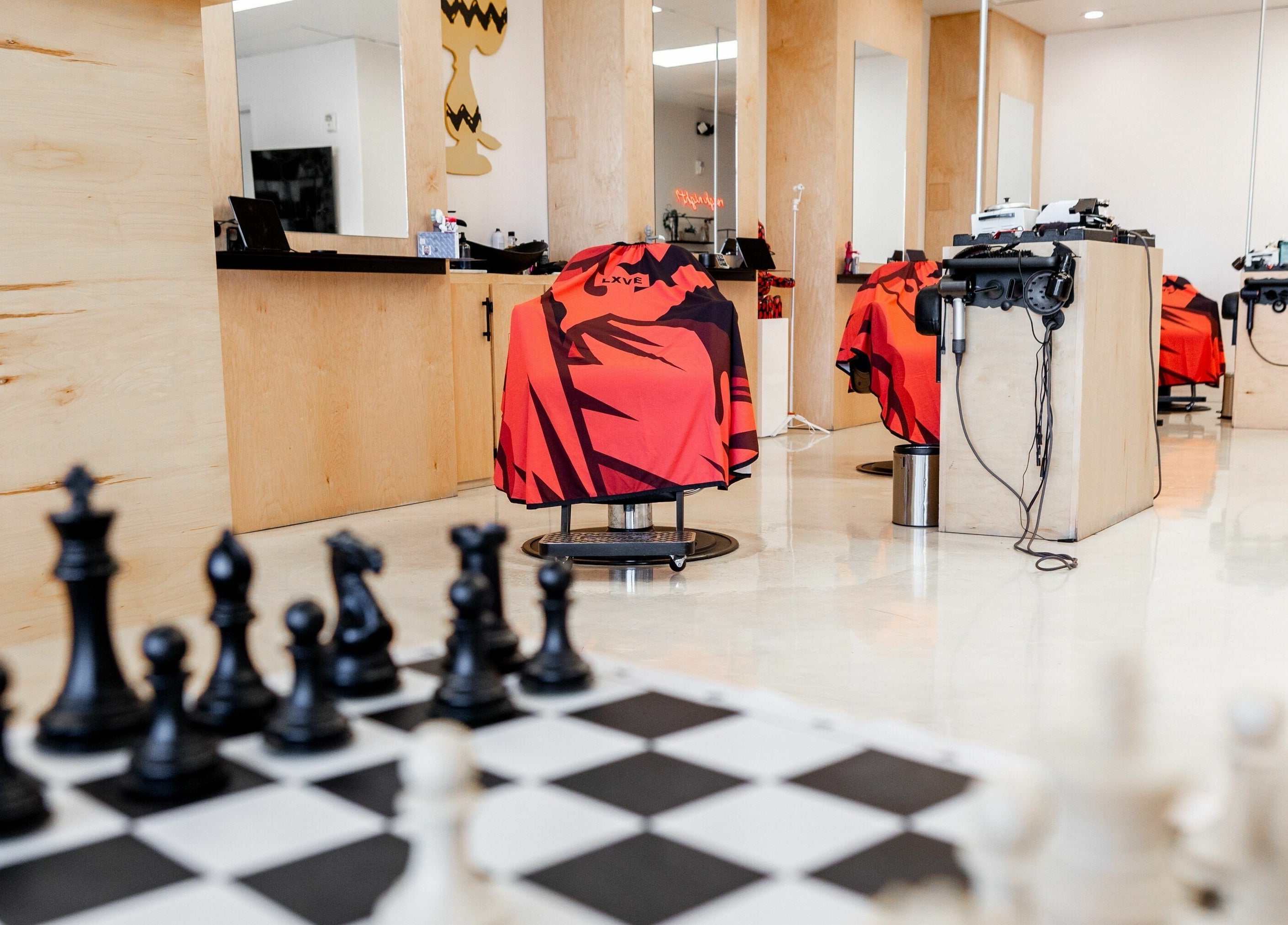 Modern salon interior with chess at Lxve Studios, Las Vegas, Nevada, US.