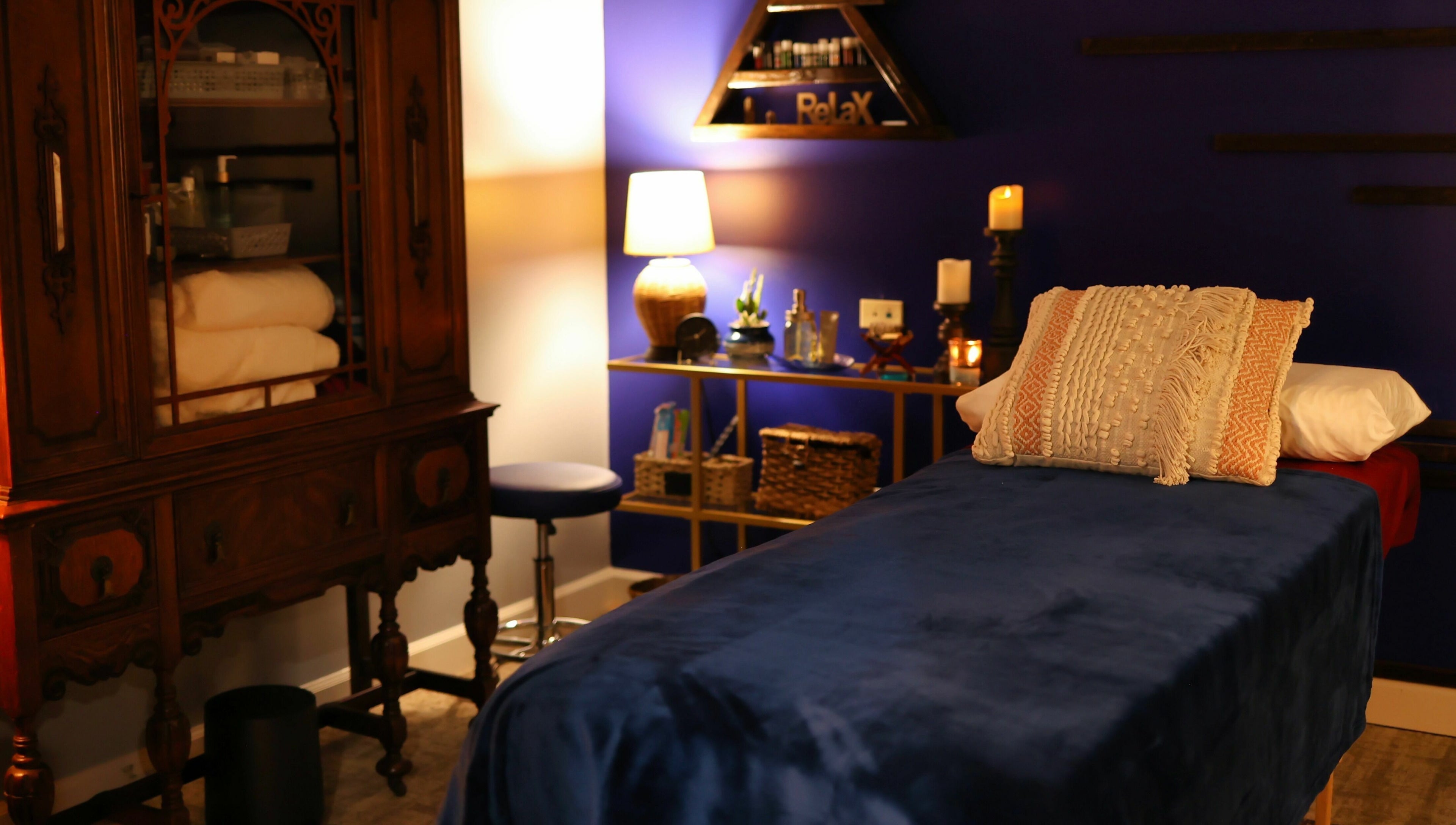 Peaceful massage room at Aura Holistic and Metaphysical Wellness, Aurora, Illinois, US.