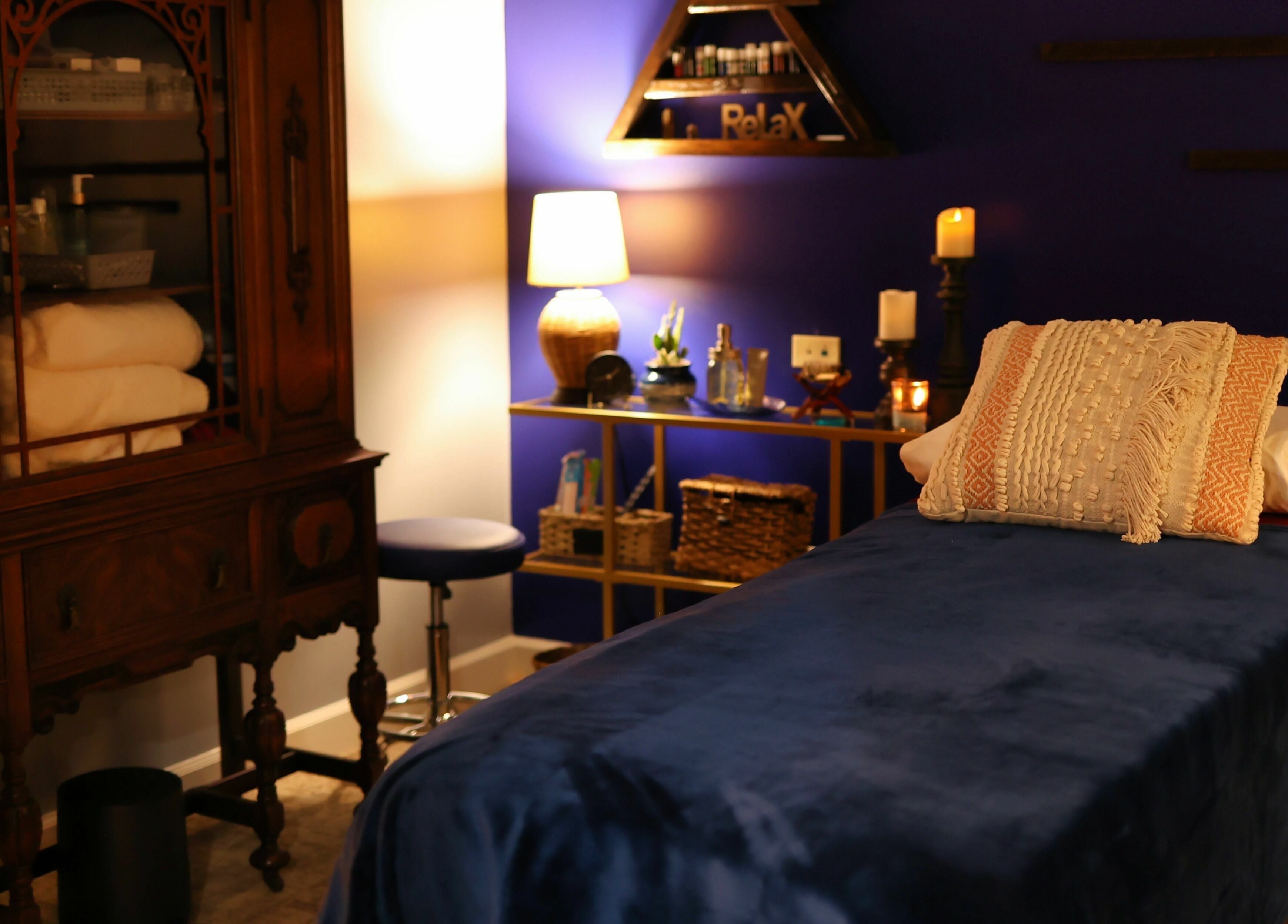 Peaceful massage room at Aura Holistic and Metaphysical Wellness, Aurora, Illinois, US.