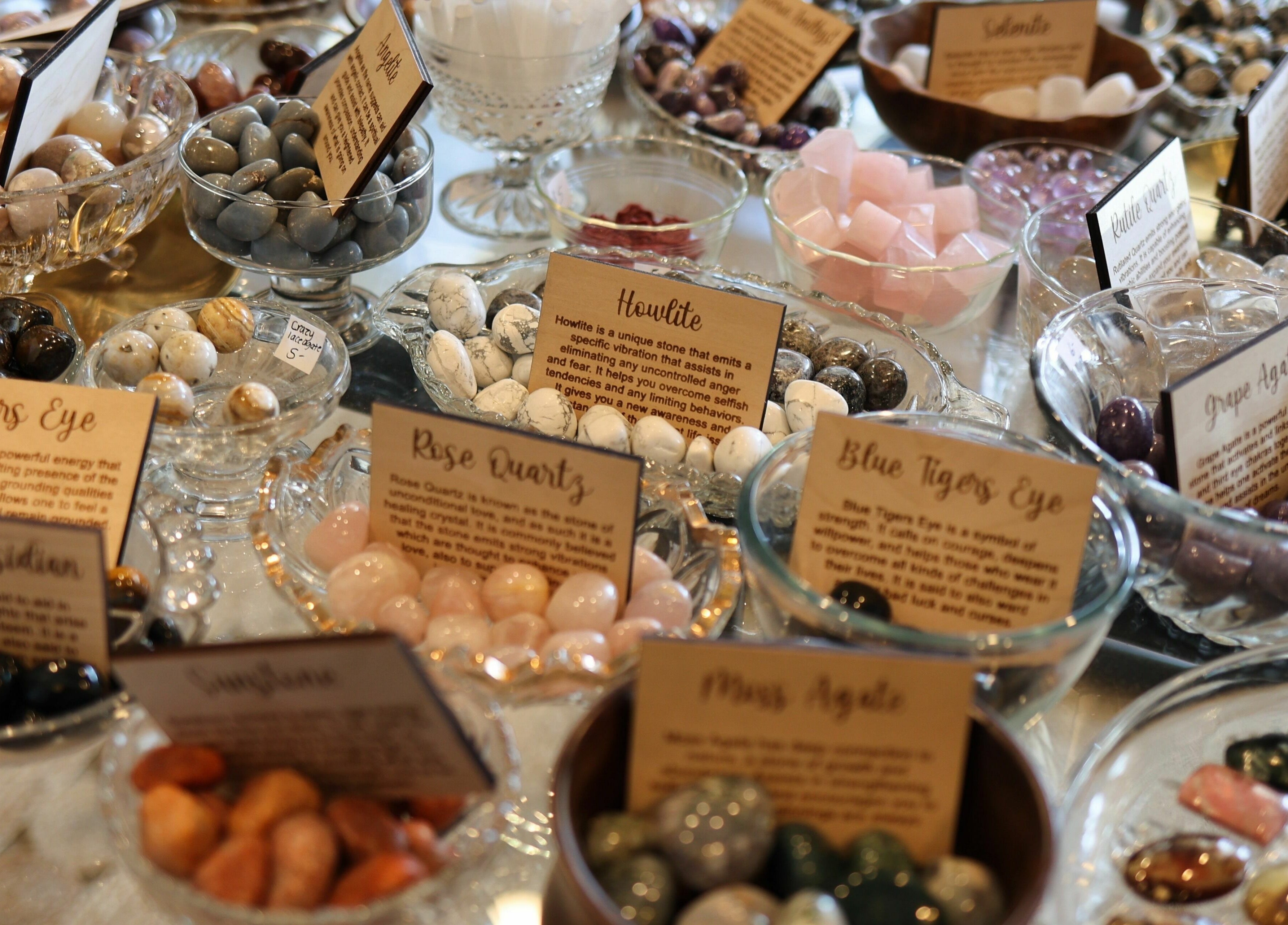 Assorted healing crystals on display at Aura Holistic and Metaphysical Wellness, Aurora, Illinois, US.