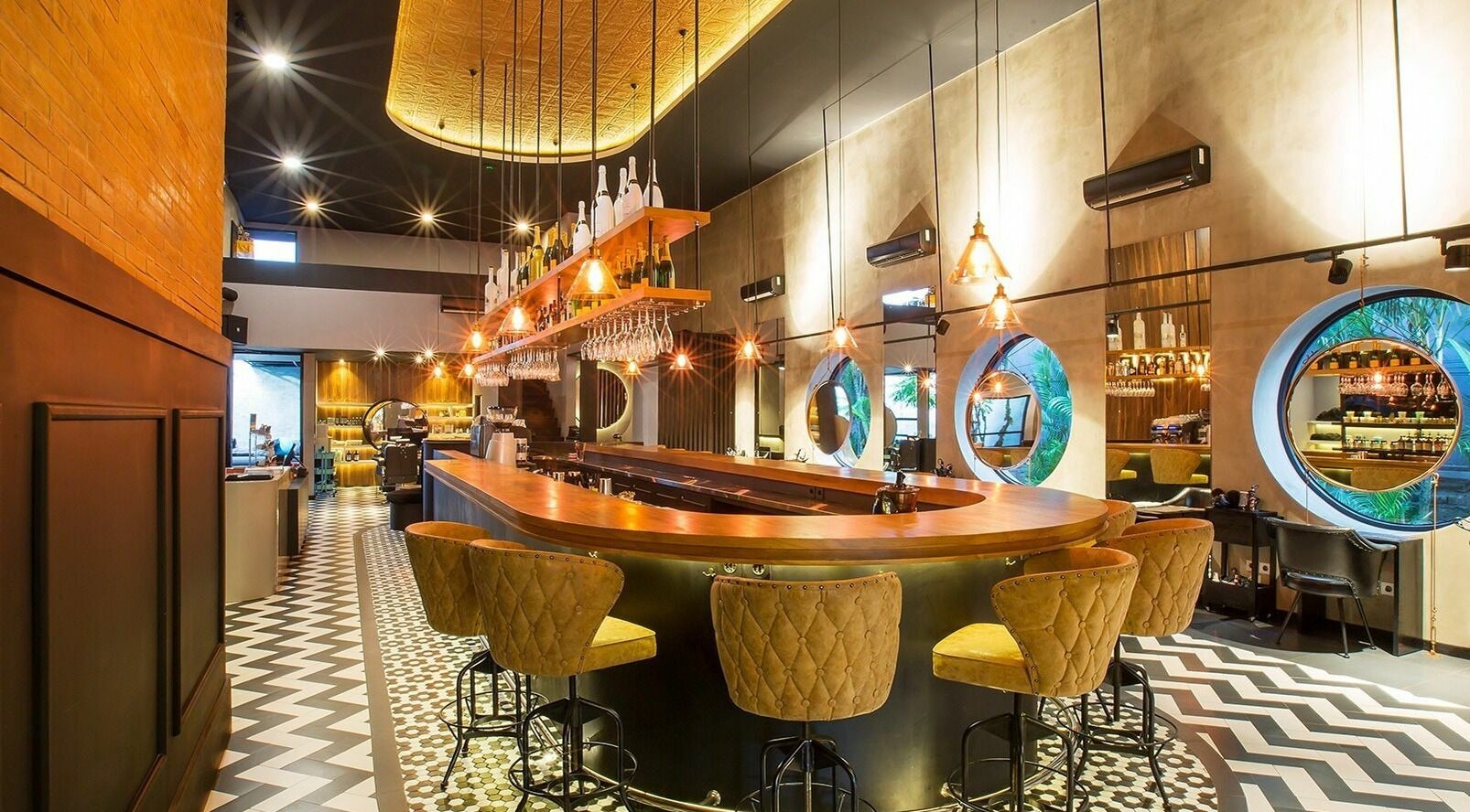 Elegant interior of Blow Bar Bali with stylish lighting and seating in Bali, Bali, ID.