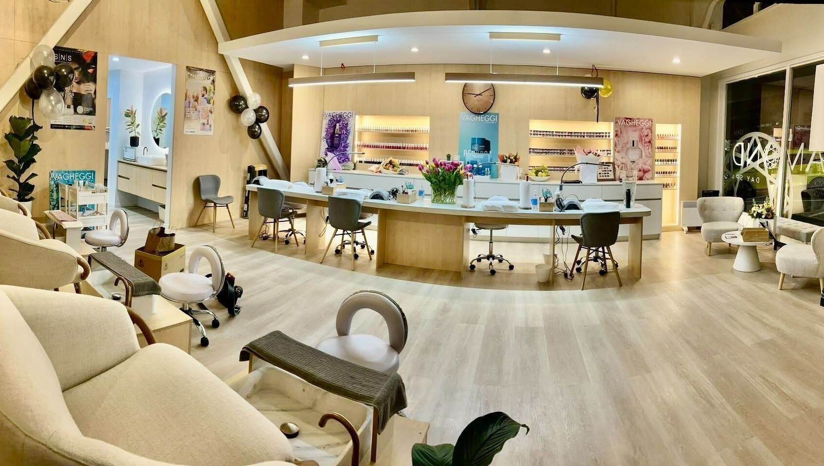 Elegant interior of Diamond Day Spa in Lower Hutt, Wellington, NZ, featuring cozy seating and beauty stations.