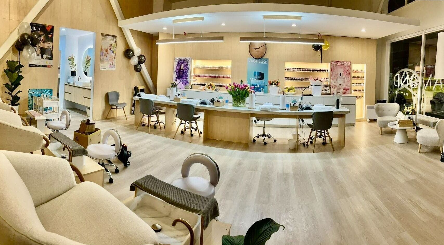 Elegant interior of Diamond Day Spa in Lower Hutt, Wellington, NZ, featuring cozy seating and beauty stations.