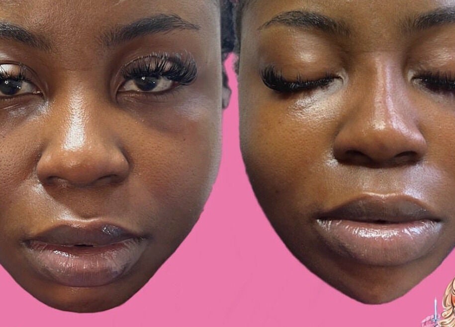 Before and after lash enhancement at HLC Aesthetics, Abbeymead, England, GB on a pink background.