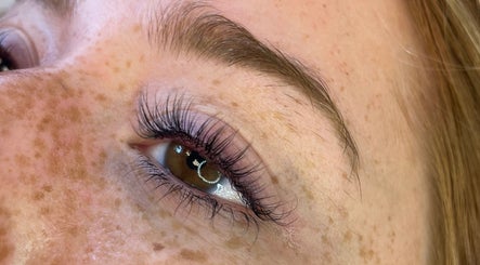 Closeup of enhanced eyelashes at Rad Beauty Lab in South Jordan, Utah, US showcasing lash length and volume.