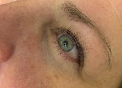 Close-up of enhanced eyelashes at Rad Beauty Lab, South Jordan, Utah, US.