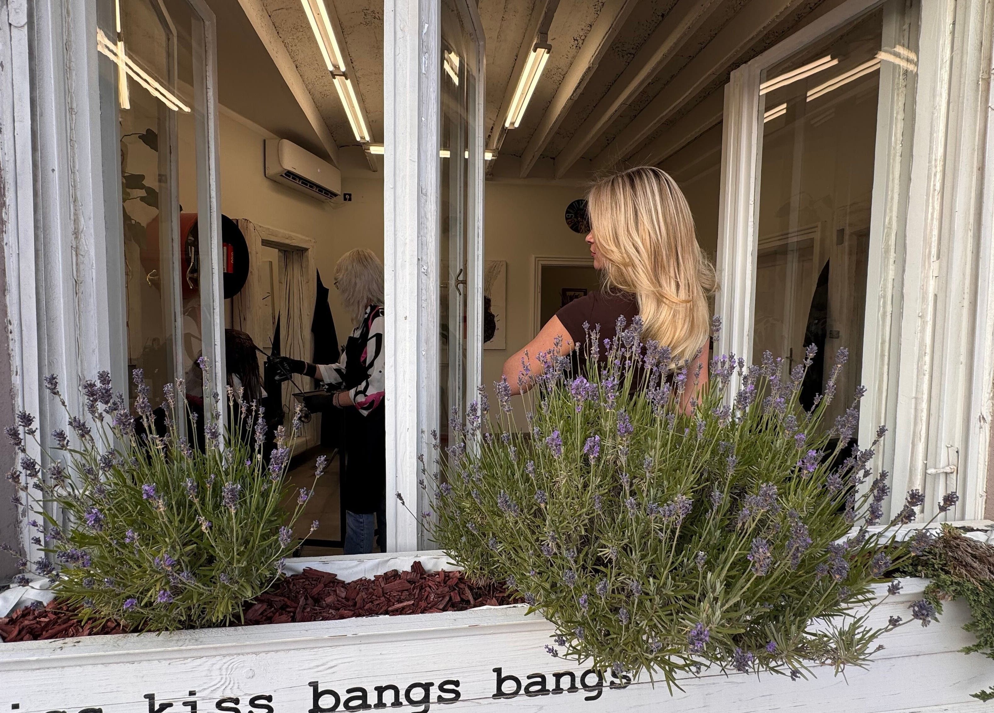 Prozor s pogledom na salon Kiss kiss bangs bangs, Нови Сад, Војводина, RS, uz lavandu.