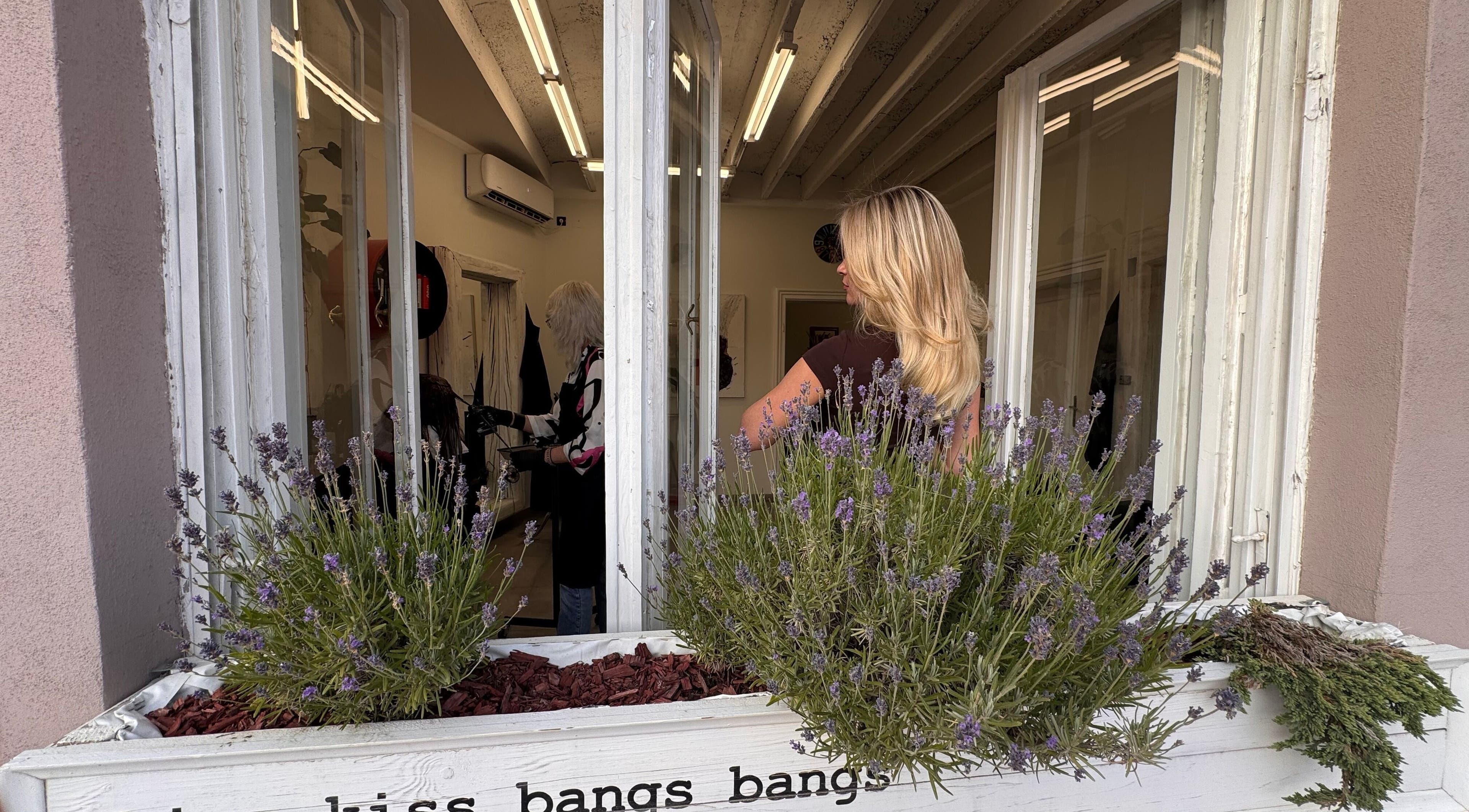 Prozor s pogledom na salon Kiss kiss bangs bangs, Нови Сад, Војводина, RS, uz lavandu.