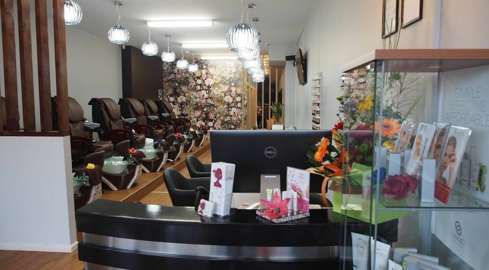 Elegant interior of Miss Urban Nails and Beauty, Melbourne, Victoria, AU, featuring stylish pedicure chairs.