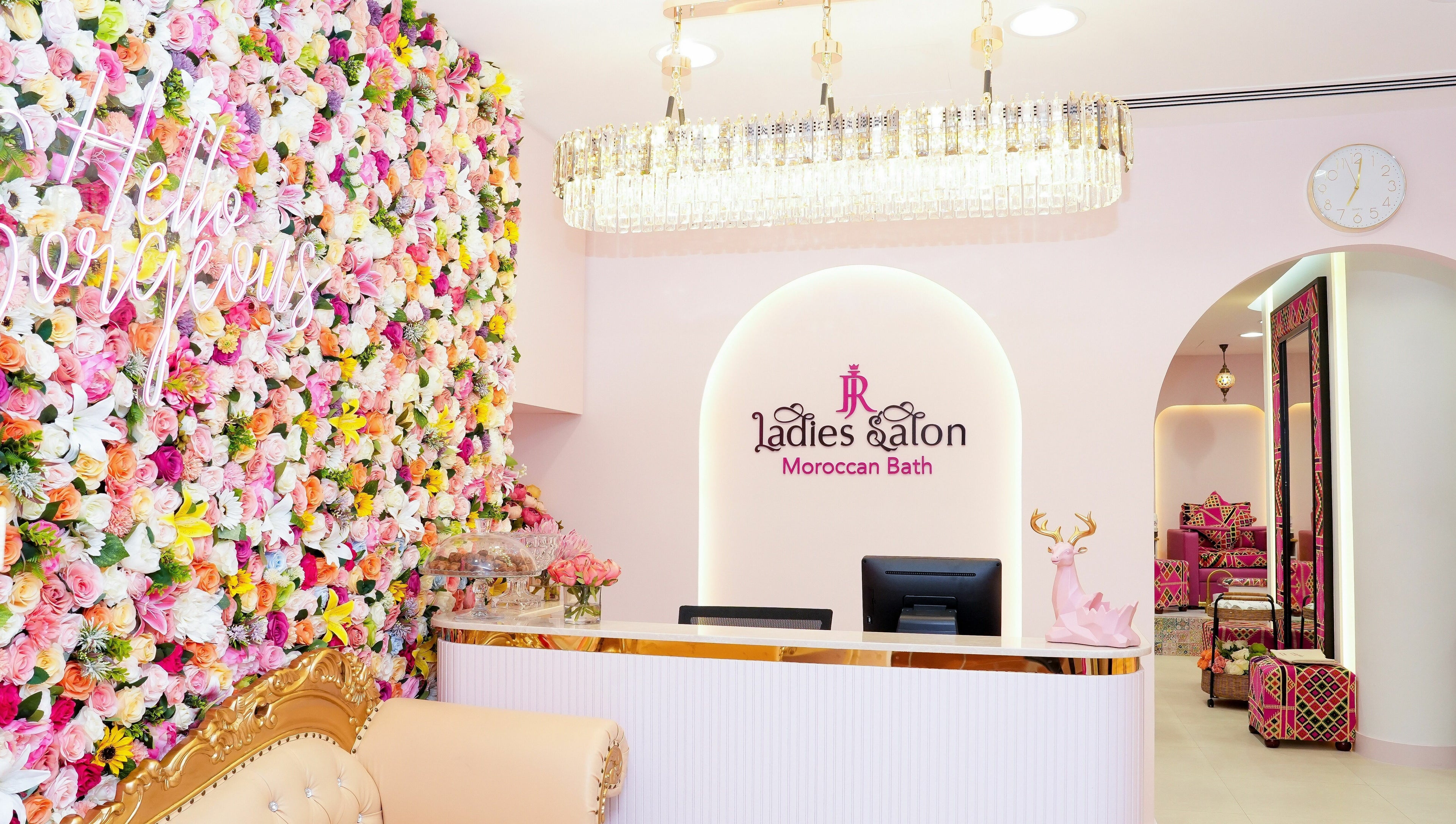 R N J Ladies Salon reception with floral decor, Dubai, Dubai, AE.