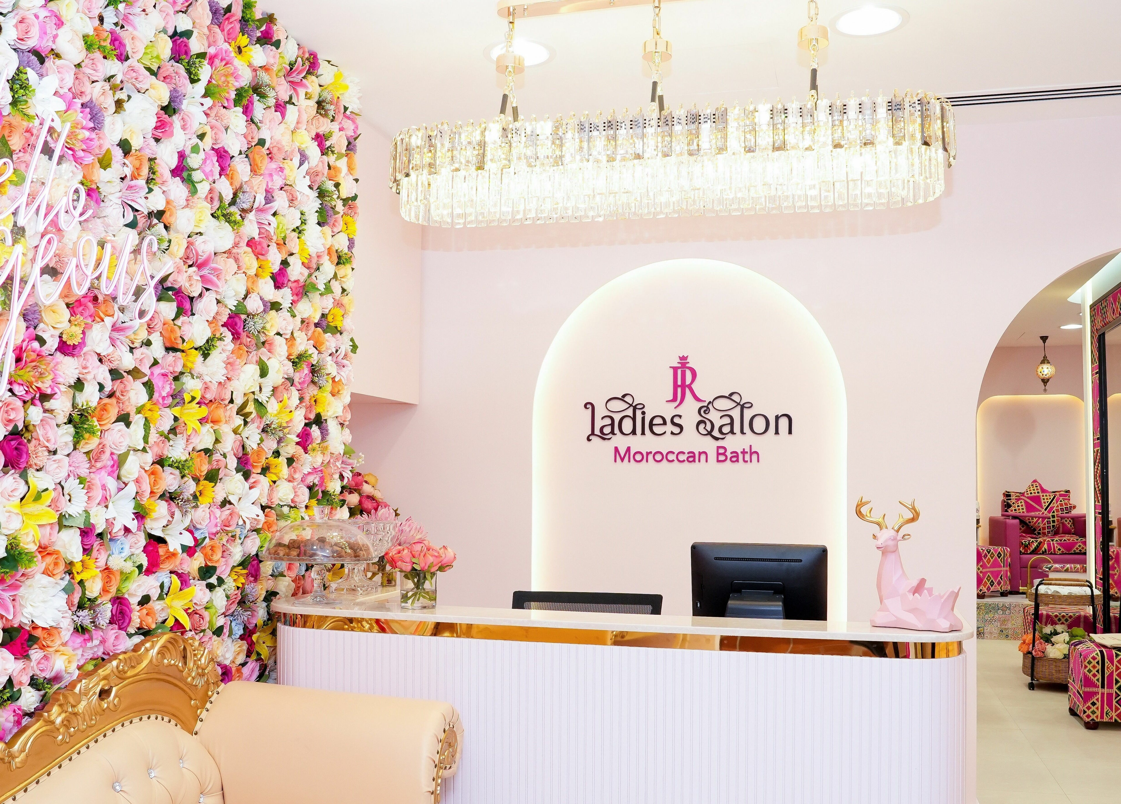 R N J Ladies Salon reception with floral decor, Dubai, Dubai, AE.