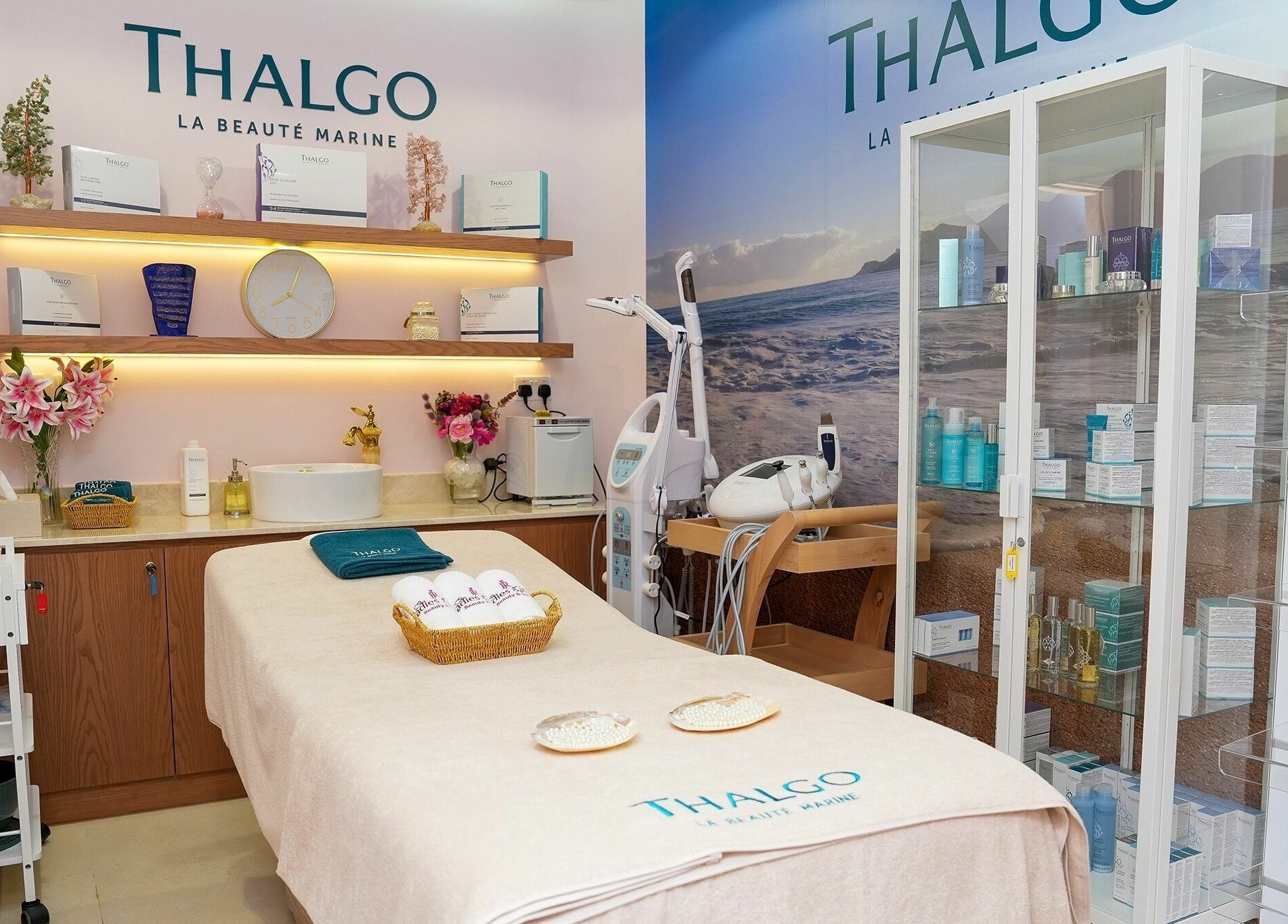 Relaxing treatment room at R N J Ladies Salon, Dubai, Dubai, AE. Elegant decor with Thalgo beauty products.
