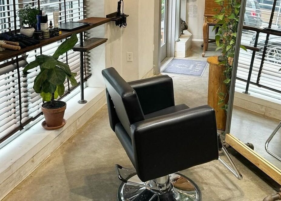 Chic salon interior at Laurel Bowery, New York, New York, US with modern chair and plants.