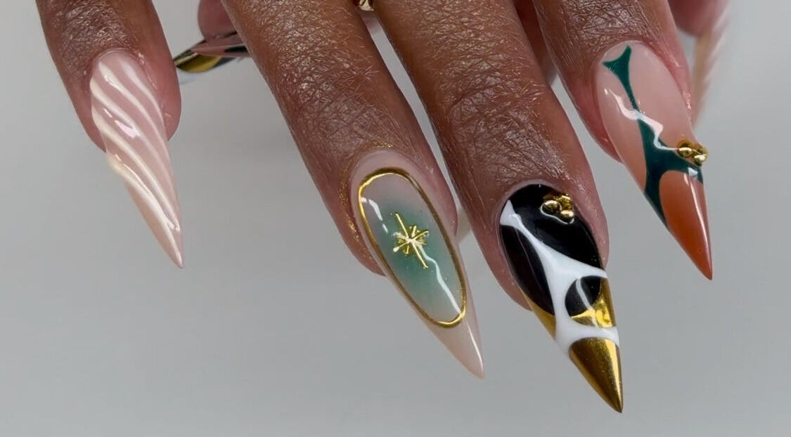 Intricate nail art with bold colors at Chloe's Shade Room, Tempe, Arizona, US.