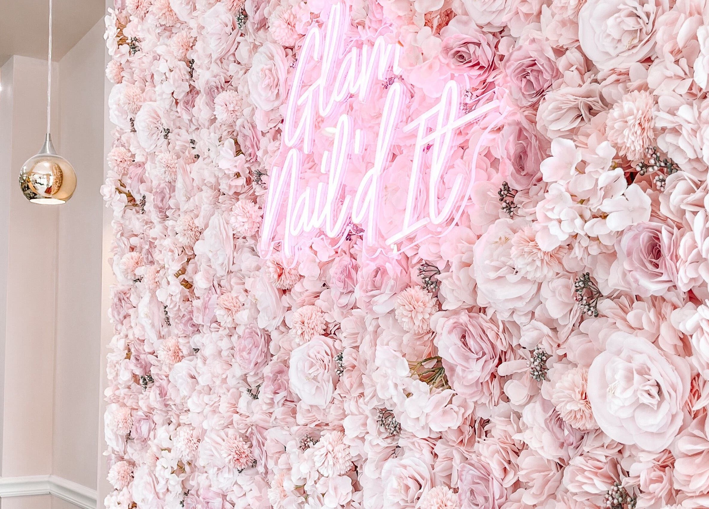 Elegant floral wall with pink roses at Glam Nails And Spa, Bowling Green, Kentucky, US.