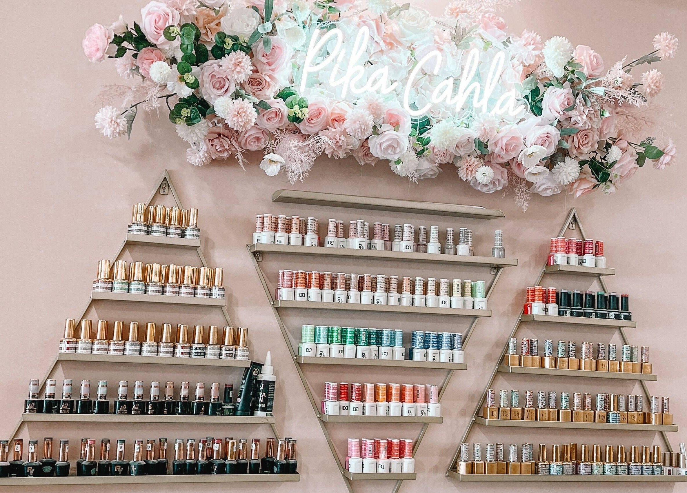 Nail polish displayed on chic shelves at Glam Nails And Spa, Bowling Green, Kentucky, US.