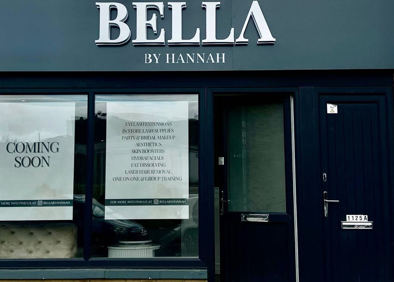 Front view of Bella by Hannah, a beauty and wellness venue in Bradford, England, GB, showing a coming soon sign.